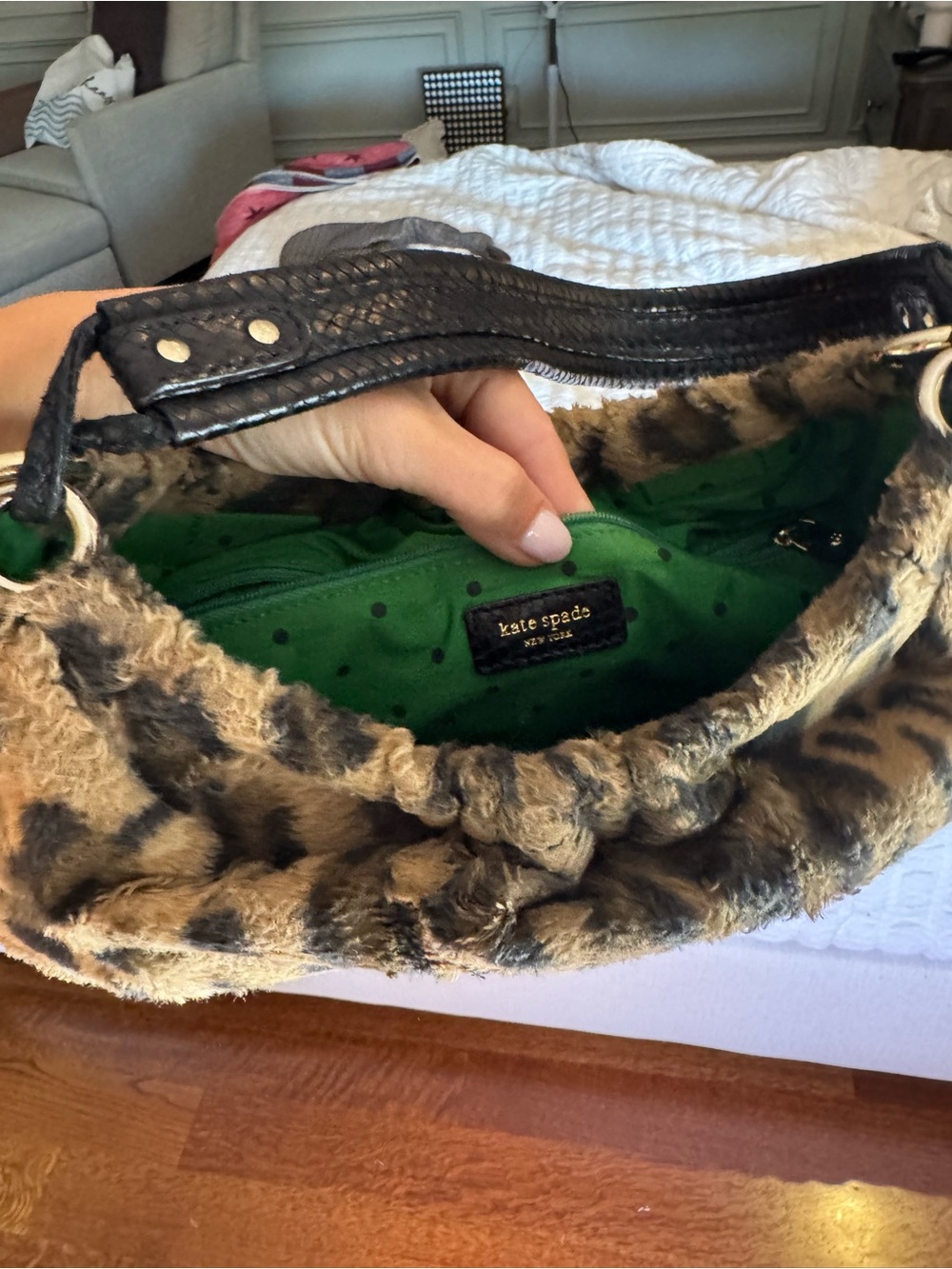 kate spade Leopard-Print Faux Fur Shoulder Bag with Black Handles - Picture 2 of 4